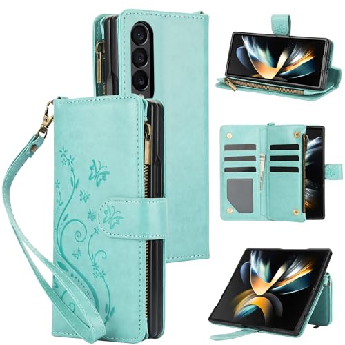 Asuwish Phone Case for Samsung Galaxy Z Fold 3 5G 2021 Wallet Cell Cover with Wrist Lanyard Strap Flower Flip Zipper Credit Card Holder Slot Stand ZFold3 Z3 Fold3 3Z ZFold35G Women Girls Green