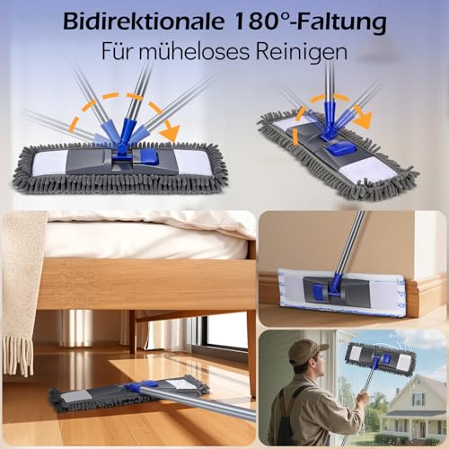 MASTERTOP Bodenwischer Set, Mikrofaser Wischmop Chenille Flachmopp mit Lang Griff, Multifunktionaler...