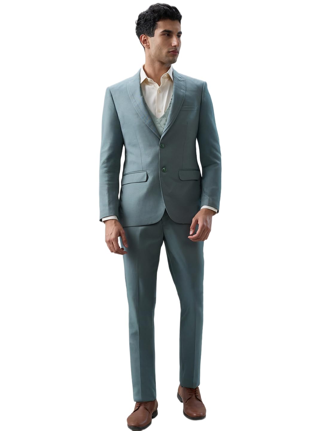 raymond Men Contemporary Fit Structure Pattern Terry Rayon Blend Peak Lapel Full Sleeve Formal Suit Dark Green-picture-18
