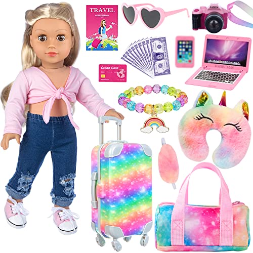 K.T. Fancy 9 PCS American 18 Inch Girl Doll Accessories Suitcase Luggage Travel Set Including Rainbow Suitcase Rainbow Bag Camera Computer Cell Phone Neck Pillow Eye Mask Pink Glasses Bracelet etc