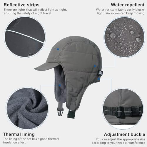 GADIEMKENSD Winter Trapper Hunting Hat with Earflaps Brim Visor Reflective Baseball Cap Warm Aviator Hats for Ski Rain Golf Work Running Outdoor Gray
