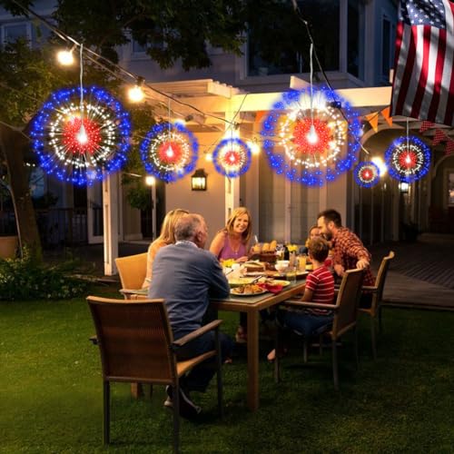 Pacote com 4 luzes de fogos de artifício para decoração de 4 de julho, 480 luzes de LED vermelhas, b