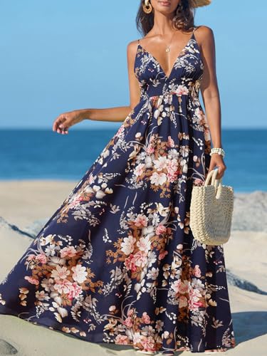 Image of CUPSHE Women's Summer Dresses Casual Spring V Neck Sleeveless Floral Beach Vacation Long Spaghetti Strap Flowy Maxi Dress