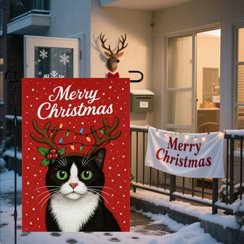 Image of BlissYard Christmas Garden Flag 12x18 Inch Tuxedo Cat Holiday Yard Flag with Reindeer Antlers Double Sided Winter Cat Banner for Outdoor Lawn Patio Decor