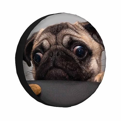 Image of Pug Dog Spare Tire Cover Cute Sad Puppy Looks at a Cookie Funny Pet Face Eyes Weatherproof Universal Wheel Protectors Camper Tire Covers for Trailer Rv Travel(17 inch)