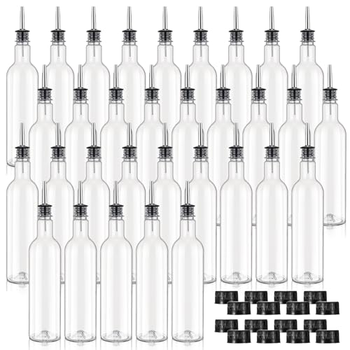 RimCereal 32 Pack 25 oz Syrup Bottle Plastic Long Neck Bottle with Stainless Steel Leakproof Tapered Spout Pourer and Cap Alcohol Juice Coffee Container for Home Bar Service Bartending Supplies