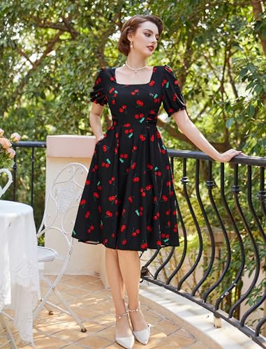 Image of Belle Poque Women's Vintage Midi Cottagecore Cocktail Dresses | Belle Poque Women's Vintage Cottage Core Dress,A-line,Midi,Square Neck,Homecoming Dress,Cocktail Dress,Sun Dress