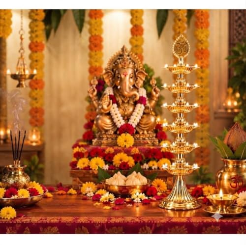 Best Navratri Home Decoration Items (2026) 71 3 Layer Electric Diya Lamp |Golden Decorative LED Deepam with OM ...