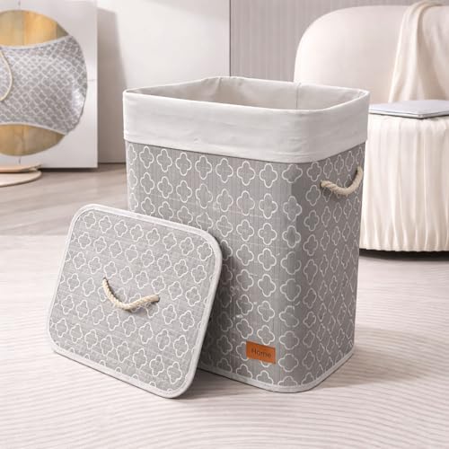 Image of Amazon Brand - Umi Rectangle Bamboo Laundry Basket for Clothes with Lid Quatrefoil Printed Hamper | Eco-Friendly, Foldable & Lightweight Organizer (Cream, 40x30x50 cm, Pack of 1)