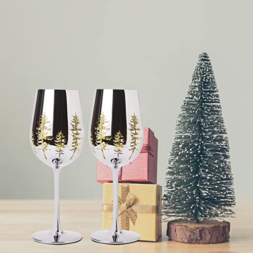 Crystal Winter Tree Wine & Water Glasses - Set Of 2 - Gold Themed Vibrant Etched Winter Snow Wonderland Frosted Glass, Perfect For Themed Parties, Gifts For Him & Her Trees Décor #TOP4