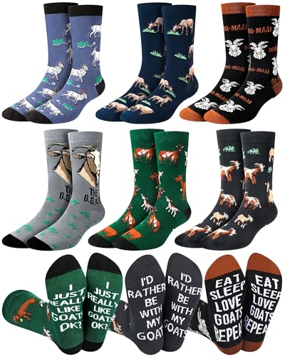 Jamntower 6 Pairs Novelty Animal Socks for Men Funny Gifts for Father Day Wolf Cat Donkey Tiger Goat Squirrel Lover(Goat)