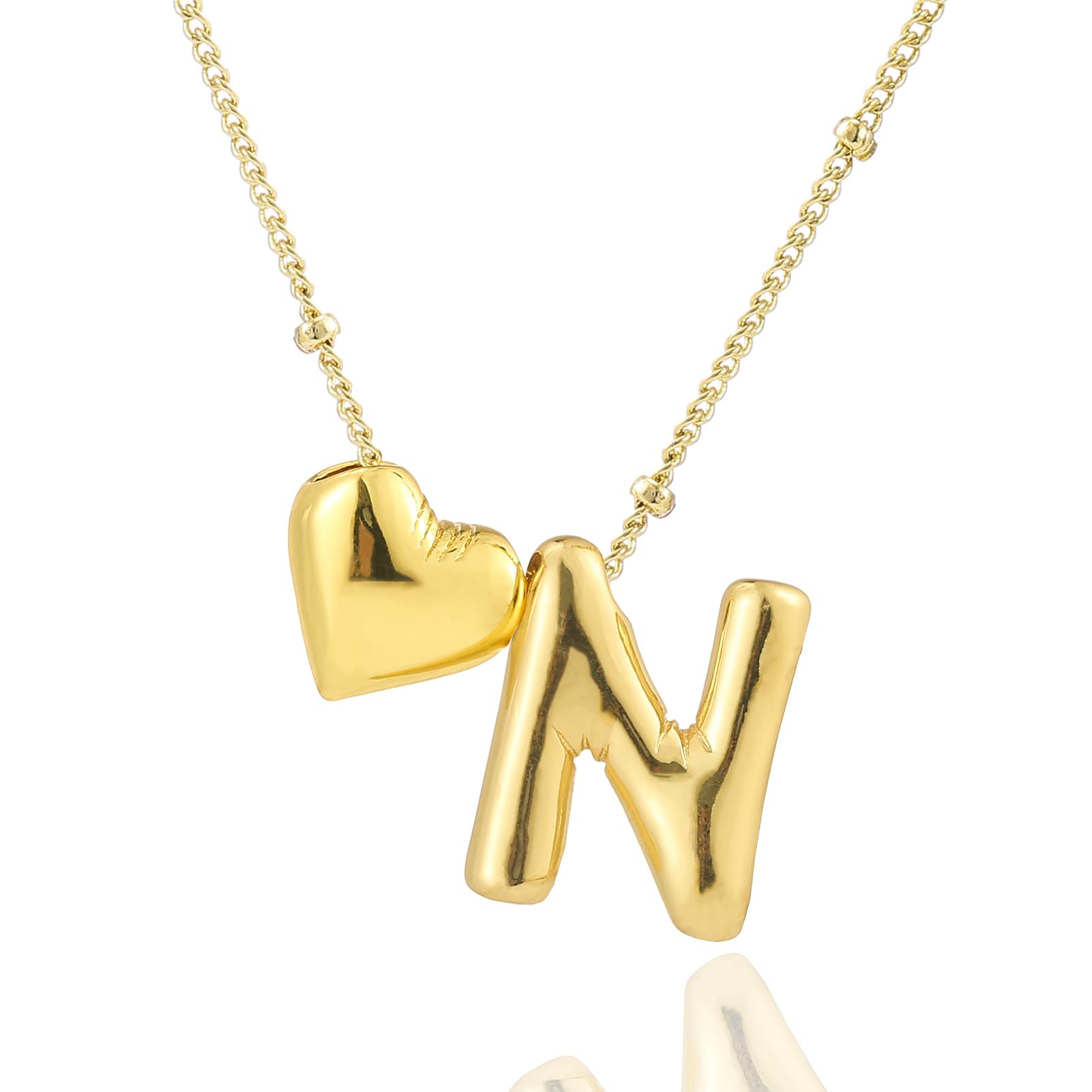 CCINPPY Heart Letter Necklace, 14k Gold Plated Initial Dainty Necklace for Women, Chunky Bubble Balloon Charm Pendant Name Personalized Jewelry Gift