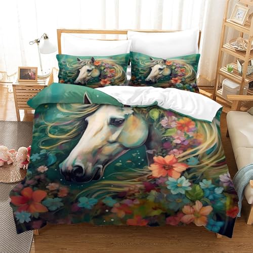 Housse de couette fleurs et chevaux impression 3D parure microfibre zippée