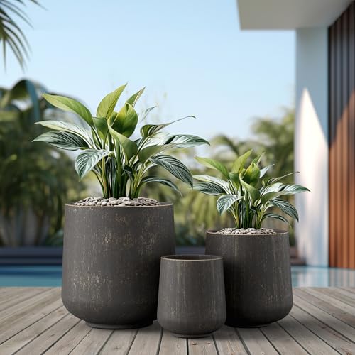 Image of Kante Set of 3 Vintage BRN Concrete Curved Planters 16.5 inch 13 inch 9.4 inch Dia | Drainage for Outdoor, Rubber Plug for Indoor Home, All-Weather Cement Pot, Handcraft, Lightweight & Durable, Anti-UV, Round