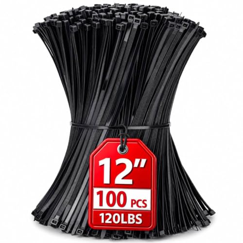 Image of Zip Ties 12 inch, 100 Pack Heavy Duty Black Zip Ties with 120 lbs Tensile Strength, Self-Locking Nylon Cable Ties,Wire Ties for indoor and outdoor use.