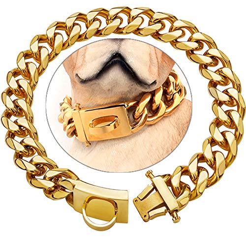 Petoo Heavy Duty Choke Cuban Chain,18K Gold Dog Collar with Safety Lock,19mm,Strong Stainless Steel Metal Links Slip Chain Training Collar for Large Medium Dogs (Suit for Dog's Neck 20