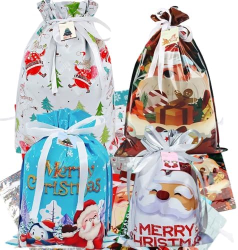 RLLJS 20Pcs Merry Christmas Drawstring Gift Bag New Year Candy Cookie Packaging Bag Christmas Home Decoration with Tags