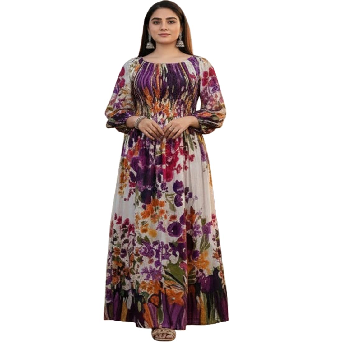 cigain Floral Maxi Printed Rayon Full Sleeves Bobbin One Piece fit and Flare Dress tie dye Pattern Comfy Night Wear Gown for Women Multi-Colour-picture-21
