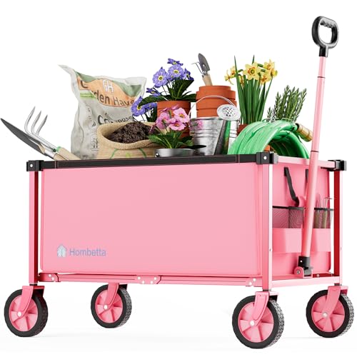 HOMBETTA 29.3 Collapsible Wagon Cart 150L Heavy Duty Folding Utility Wagon with Wheels 260 lbs Load Portable Rolling Cart for Garden Shopping Sports Camping Pink