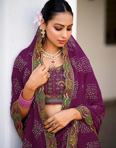 Image of SIRIL Women's Bandhani Printed Georgette Sequence Lace Scalloped Border Saree with Unstitched Blouse Piece