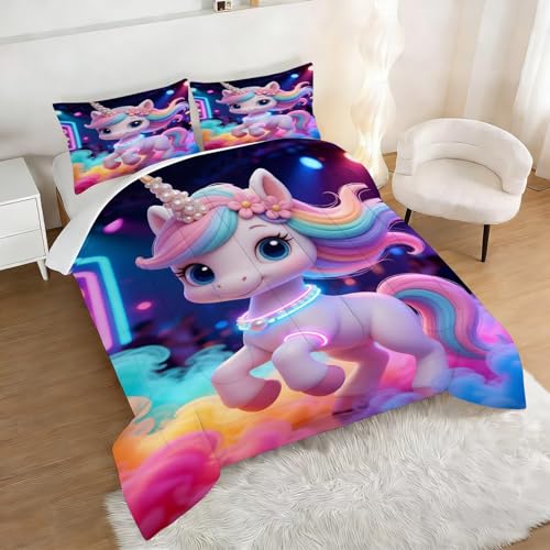 Image of Rainbow Unicorn Comforter Set Queen Size Neon Animal Bedding Sets for Girls Kids Teens 3D Kawaii Cartoon Quilt Bedroom Decor 1 Comforter 2 Pillowcases