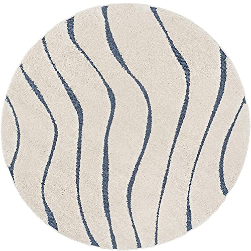 Image of Abstract Wavy Design Round Shaggy Carpet for Living Room, Bedroom, High Low Design Finish Microfiber 1.8 Inch Pile High, 7x7 Feet Cream|Blue Color