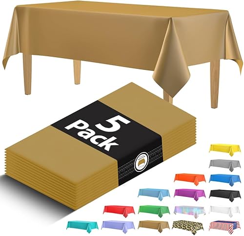 Paquete de 5 manteles de plástico dorado de alta calidad, manteles rectangulares desechables de plástico de 108 x 54 pulgadas, mantel rectangular