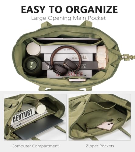Extra Large Canvas Tote Bag for Women Men, Utility Work Bag with Zipper, Laptop Bags with Pockets, Teacher Tote, Olive3