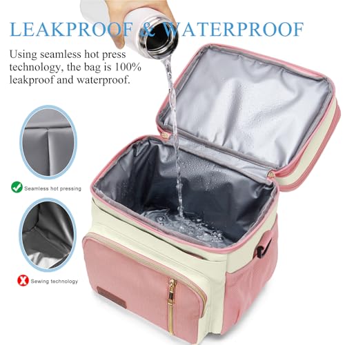 Image of MIYCOO Lunch Bag & Lunch Box for Women Men, Double Deck Leakproof Insulated Soft Large Adult Camping Cooler bag for Work, Beach, Picnic, Travel (Pink White, 15L)