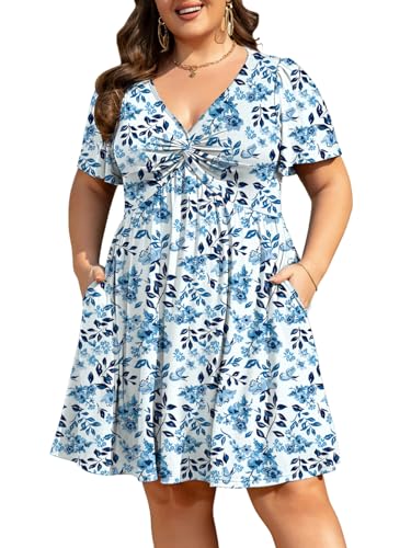 Image of Manllenshie Womens Plus Size Summer Dress Casual Short Sleeves Deep V Neck Twist Knot Front Flowy Dress with Pockets