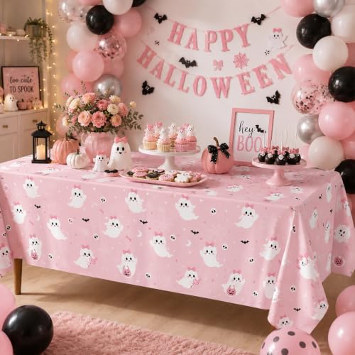 Image of LINHAXM 3 Pack Pink Halloween Tablecloth, Cute Ghost Halloween Disposable Plastic Table Covers for Halloween Birthday Baby Shower Decorations, 54 x 108 Inches