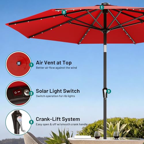 Image of AreShark 9FT Patio Umbrella with Solar Lights, 32 Lighted Pool Umbrella w /Tilt and Crank, Outdoor Market Solar Umbrellas for Garden, Deck, Backyard, Pool and Beach, Red
