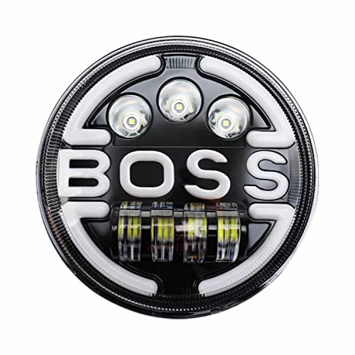 Image of Miwings Round LED Boss Style Hi /Low Beam 75W H4 Headlight Compatible with Royal Enfield, Jeep, Thar, Motorcycle, Cars, Harley Davidson, Amber & White, 7 inch