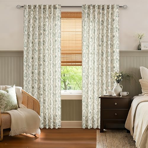 Image of Green Floral Curtains Flower Patterned 108 Inches Long for Living Room | Linen Curtain, Semi Sheer, Botanical Printed, Sage on Beige, Vintage Country, Summer Decor, Shabby Chic, Boho Drapes, Bedroom