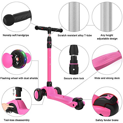 Image of Allek Kick Scooter B03, Lean 'N Glide 3-Wheeled Push Scooter with Extra Wide PU Light-Up Wheels, Any Height Adjustable Handlebar and Strong Thick Deck for Children from 3-12yrs (Rose Pink)