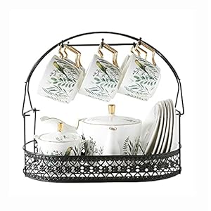 15 Piece Ceramic Tea Sets fot Afternoon China Coffee Cup and Saucer Set with Metal Holder Parrot and Green Plants Coffee Tea Pot