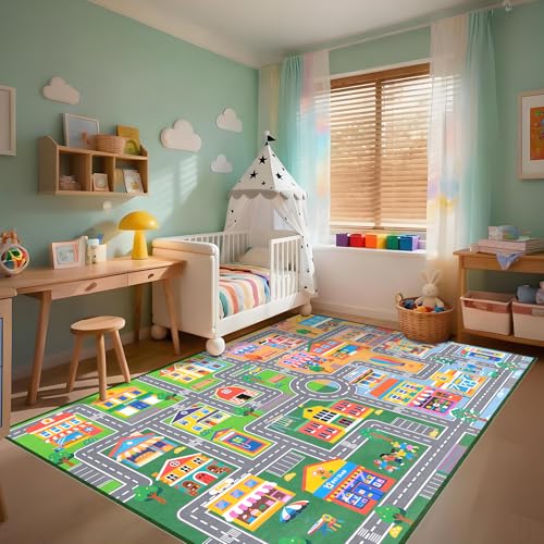 IWRJFQWR Car Play Rug City Life Traffic Road Kids Rug, Educational Road Carpet Kids Play Mat for Floor Nursery Toddler Preschool Bedroom Living Room Playroom, 3x5 Feet