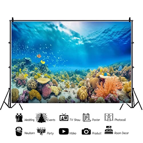 Bovlleetd Undersea Coral Backdrop Tropical Fish Sunlight Blue Sea Underwater Background for Photoshoot Colorful Seabed Scene Marine Aquarium Backdrop for Photography 10x8ft - Image 2