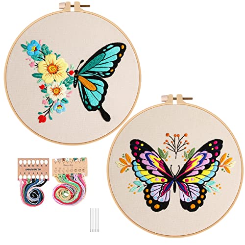 Image of Konrisa Embroidery Kits with Butterfly Flower Pattern, Stamped Embroidery Starter Kit for Beginners Adults Needlepoint Kits Include Embroidery Fabric Embroidery Hoop Threads and Needles,Set of 2