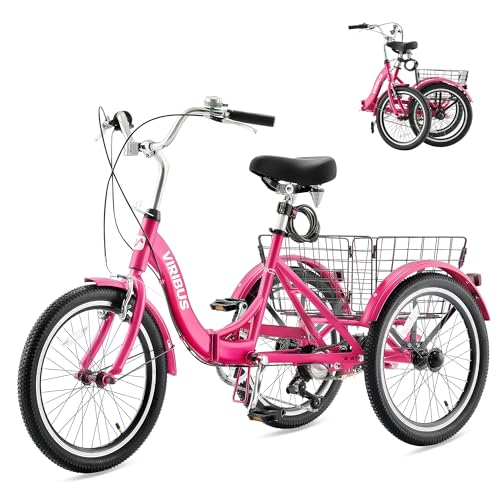 Image of VIRIBUS Folding Tricycle for Adults, 7 Speed 20 Inch Mini Foldable 3 Wheel Bikes for Women Seniors with Dual Chain & Low Step-Through Frame, Collapsible Trike with Cargo Basket, 330 lbs, Hot Pink