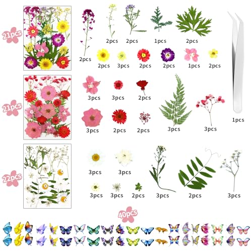 Image of 190 Pcs Dried Pressed Flowers for Resin, Real Dried Pressed Flowers for Resin Butterfly Stickers DIY Art with Tweezers Crafts Decorate for Candles Jewelry Nail Crafts