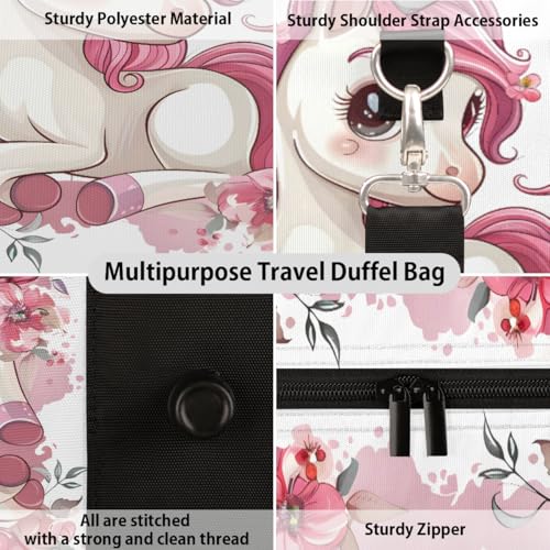 Cute Unicorn Floral Travel Duffle Bag, Sports Gym Bags for Women Men, Carry On Weekender Overnight Workout Airplane Trips Bag3