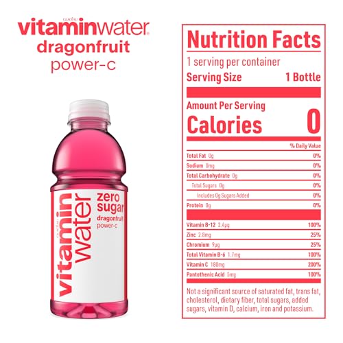 Image of Vitaminwater Zero Power-c, Dragonfruit Flavored, Electrolyte Enhanced Bottled Water with Vitamin b5, b6, b12, 20 Fl Oz, 12 Pack