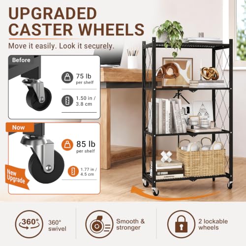 Image of black leopard 4-Tier Foldable Metal Storage Shelf with Wheels, Black