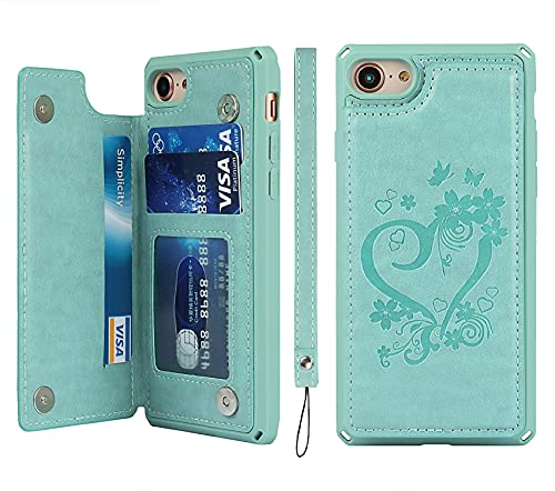 Étui iPhone SE 2022 en cuir menthe cœur avec porte-cartes et blocage RFID iCoverCase