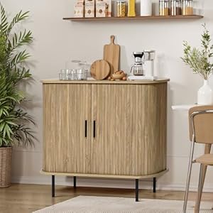 LuxenHome 35 Accent Cabinet Buffet Cabinet with Storage Mid Century Modern Small Storage Cabinet Bar Liquor Sliding Door Sideboard Cabinet for Kitchen Living Room Entryway Light Brown