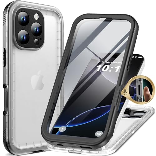 Cozycase TOP Military IP68 Waterproof Case for iPhone 16 Pro - Heavy Duty 360 Shockproof Full Body with Screen Camera Protector Double Water Dust Drop Proof Rugged Tough Cover Black/Frosted Clear