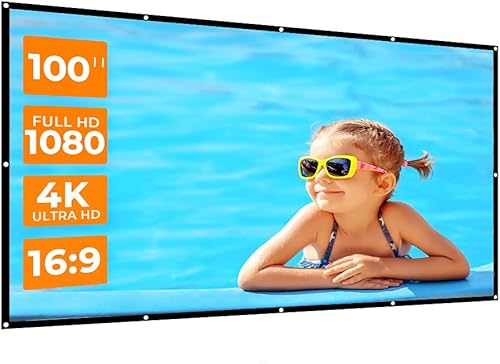 Pantalla de proyector, pantalla de proyección suave blanca de 100 pulgadas para uso en interiores y exteriores, relación 4K HD 169, con 6 agujeros y