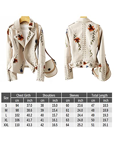 Women's Embroidered Studded Faux Leather Jacket Moto Punk Jacket Floral Coat (M, Xhpy Beige) #TOP5