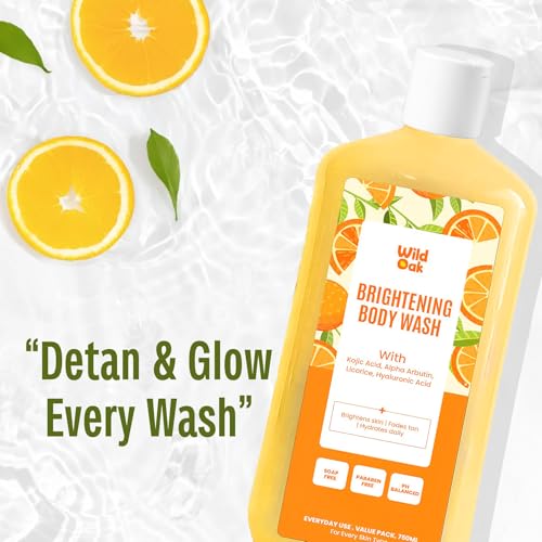 Image of WildOak Brightening & DeTan Body Wash | 750 ml Value Pack | Kojic Acid, Alpha Arbutin, Hyaluronic Acid, Probiotics, Niacinamide & Ceramides | Brightening Shower Gel for Glowing Skin, Pigmentation